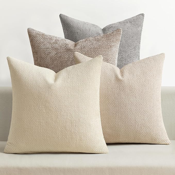 MIULEE Pack of 4 Couch Throw Pillow Covers 18x18 Inch Neutral Beige/Brown Soft Decorative Chenille Pillow Covers Farmhouse Accent Cushion Covers for Boho Spring Home Decor Sofa Bedroom Living Room by MIULEE