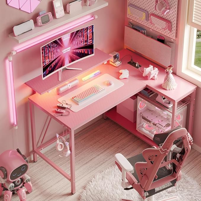 Bestier 42-Inch Pink L-Shaped Gaming Desk with Charging & LED | Charging 2AC+USB+Type-C, RGB LED 20 Colors/22 Modes, Reversible Shelves, Carbon Fiber Texture, Headset Hook, Small Space - Image 2