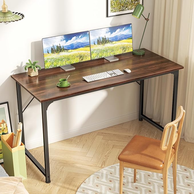 Huuger Computer Desk, 48 Inch Office Desk, Gaming Desk with Storage, Writing Desk Work Desk for Home Office, Study, Modern Simple Desk, Large Legroom, Metal Frame, Walnut - Image 2