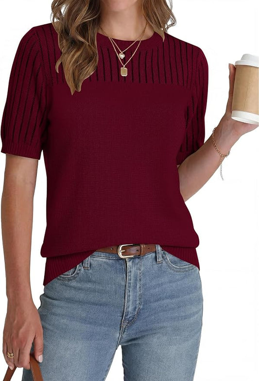 Zeagoo Women's Short Sleeve Sweater Tops 2026 Spring Summer Crew Neck Hollow Out Blouses Dressy Business Casual Outfits by Zeagoo
