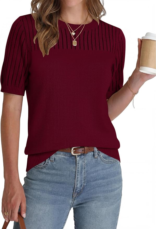 Zeagoo Women's Short Sleeve Sweater Tops 2026 Spring Summer Crew Neck Hollow Out Blouses Dressy Business Casual Outfits by Zeagoo