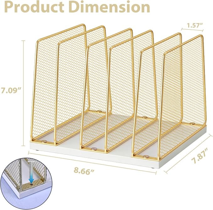 LEKETREE Gold Desk File Organizer, 5-Section Upright File Sorter, Vertical File Folder Holder, Mesh Metal Wood Office Desk Organizer for Document, Magazine, Books and more (White and Gold) - Image 6