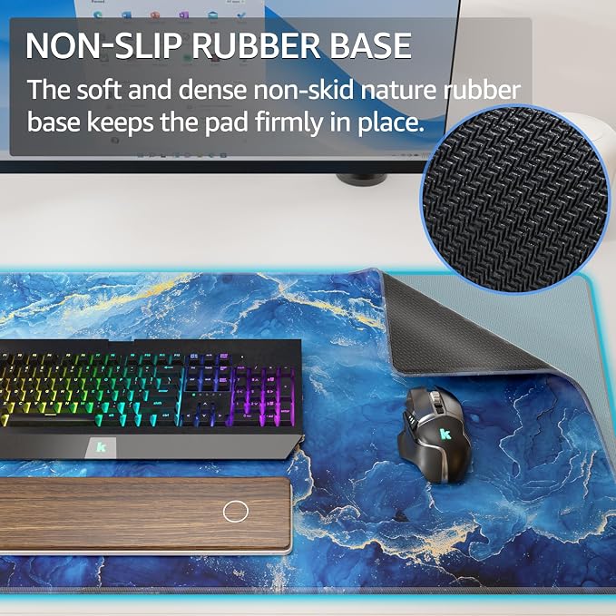KTRIO Large Gaming Mouse Pad, Desk Mat, 31.5 x 15.7 in, Blue Marble, XXL | Smooth Micro-Weave Surface, Artistic Pattern Design, Non-Slip Rubber Base, Durable Stitched Edges, Office & Home Use - Image 3