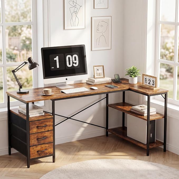 Alpen L Shaped Computer Desk, 47.2 Inch Corner Desk with Drawers and Power Outlets, Home Office Desk for Gaming, Study Writing PC Table with Storage and Reversible Shelf, Rustic Brown - Image 2