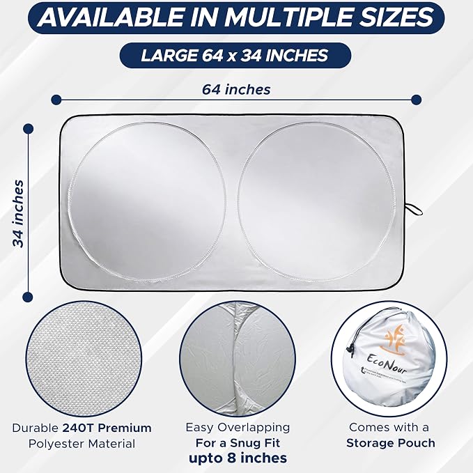 EcoNour Car Front Windshield Sun Shade for Car | SUV Accessories for Maximum Sun and Heat Protection | UV-Blocking Windshield Dash Cover & Sun Visor for Cooler Interior | Large (64 x 34 Inches) - Image 7