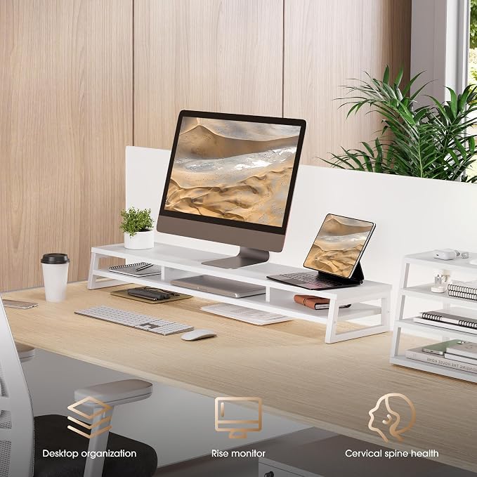 Fenge Dual Monitor Stand for Desk, 42.5in Large Monitor Riser for 2 Monitors, 2 Tier Computer Office Desk Top Shelf, Desktop Storage Stand for Laptop, PC, Computer, Printer - Image 8