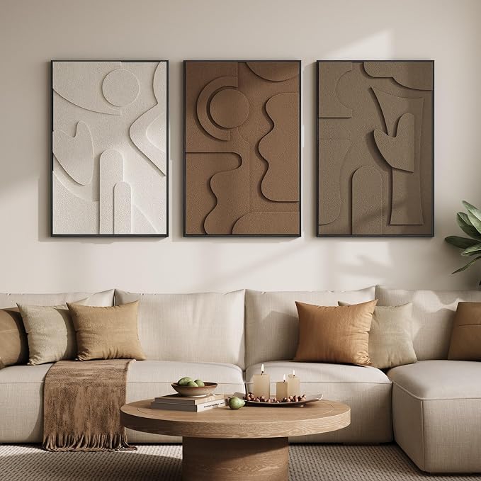 Large Framed 3D Textured Wall Art for Living Room, Set of 3 Abstract Geometric Wall Decor, Modern Neutral Brown Minimalist Pictures Artwork for Bedroom Dining Room Hallway Office, 24x36 Inch - Image 2