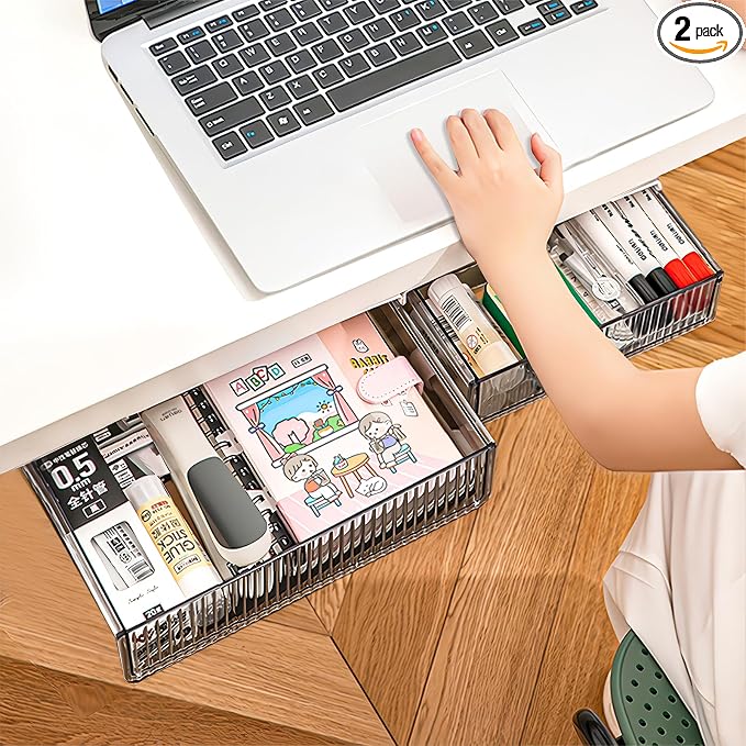 2Pcs Under Desk Storage Drawers Slide Out,Large&Medium, Stick On Desk Drawer Organizer Hidden Under Table Drawer for Home Office School Organization and Storage-Transparent Black by TooCust