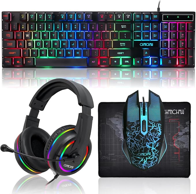 Gaming LED Keyboard Mouse Headset and Mousepad Bundle,Wired Rainbow | LED Light Up Gaming Keyboard Mouse Headset, Value 4 In 1 Game Set for Xbox PS4 PS5 PC Laptop Gamer by CHONCHOW