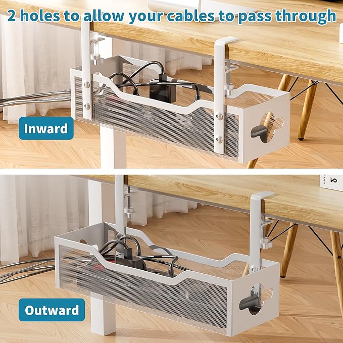 Under Desk Cable Management Tray No Drill, 13.38'' Metal Tray with Clamp for Wire Management, Litwaro Cord Organizer Home Office Damage to Standing Desk, White - Image 5