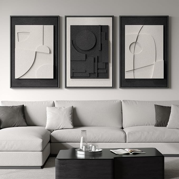 Large 3D Textured Framed Black and White Abstract Wall Art for Living Room, 3 Piece Modern Artwork for Walls, Black White Minimalist Geometric Paintings for Hallway Office Wall Decor 24x36 In - Image 3
