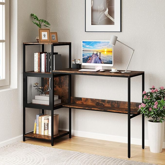 Giantex Computer Desk with Bookshelf, Modern Computer Workstation Home Office Desk with Storage Cabinet & Shelves, Metal Frame, Study Writing Desk for Small Space, Bedroom, Rustic Brown - Image 9