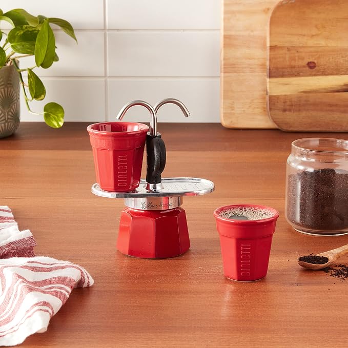 Bialetti - Mini Express Color: Moka Set includes Coffee Maker 2-Cup (2.8 Oz) + 2 shot glasses, Red, Aluminium - Image 5