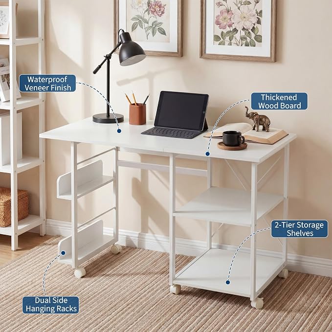 Garvee Folding Desk with Wheels, 31.5" Foldable Computer Desk with Storage Shelf, Space Saving Rolling Home Office Desk for Small Spaces, Portable Writing Table with Side Organizer, White - Image 5