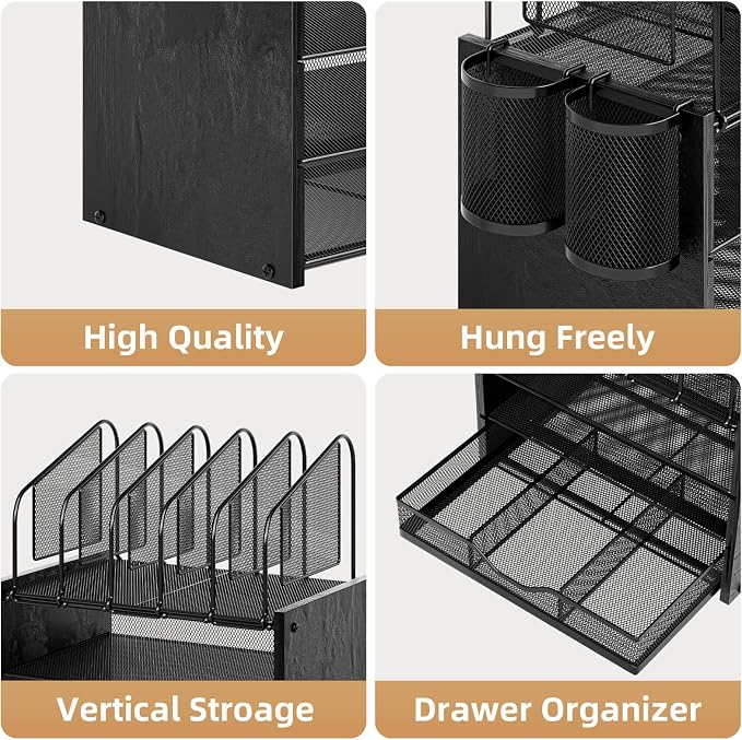 Marbrasse Desk organizer with Drawer, 4-Tier Wooden File Organizer with 5 Vertical File Holders and 2 Pen Holders, Desk Organizers and Accessories for Home Office - Black - Image 2