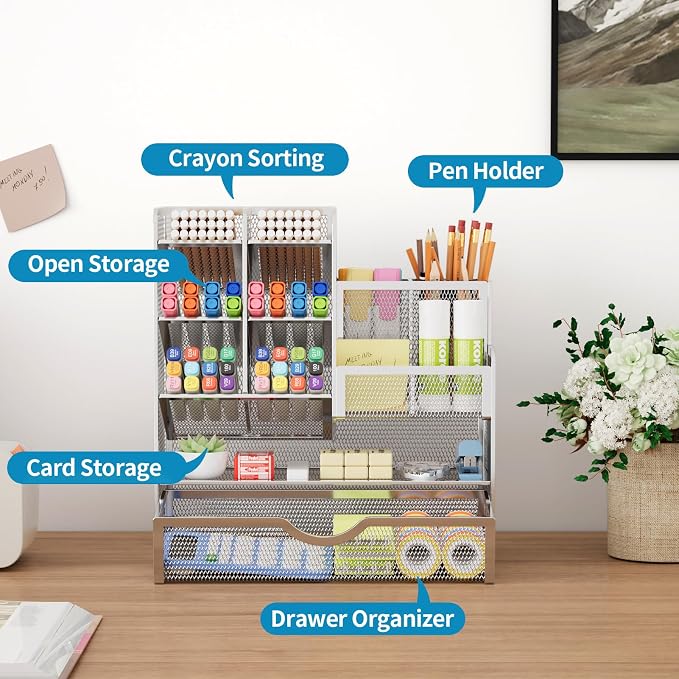 Marbrasse Mesh Pen Holder for Desk, Pen Organizer with Drawer, Multi-Functional Pencil Organizer, Desk Organizers and Accessories for Office Art Supplies (Silver) - Image 2