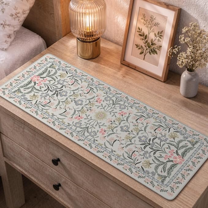 iCasso Aesthetic Desk Mat,31.5x11.8in Mouse Pads, Gray Floral | Anti-Slip Mousepad with Stitched Edges, Waterproof Computer Pad, Desk Accessories Office Decor for Women - Image 7
