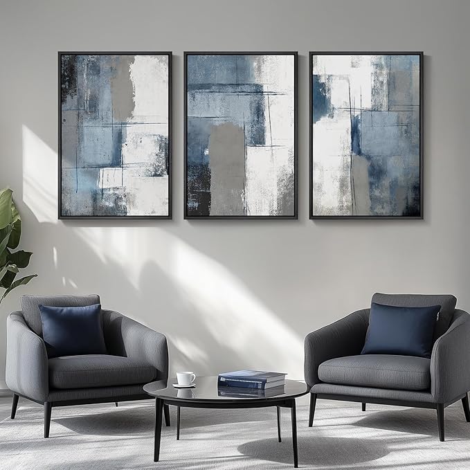 Large Framed Blue and Grey Abstract Wall Art for Living Room, 3 Piece Modern Canvas Prints Paintings Artwork for Walls, Minimalist Abstract Pictures Wall Decor for Hallway Office Bedroom 24x36 In - Image 4