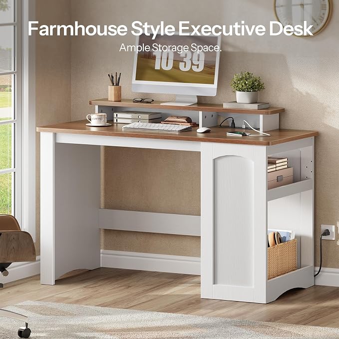 HOOBRO Farmhouse Computer Desk, Office Desk with Charging Station, Executive Desk with Monitor Stand & Adjustable Shelf, Small Desk for Small Space, Study, Living Room, White and Walnut WH85UDN01 - Image 3