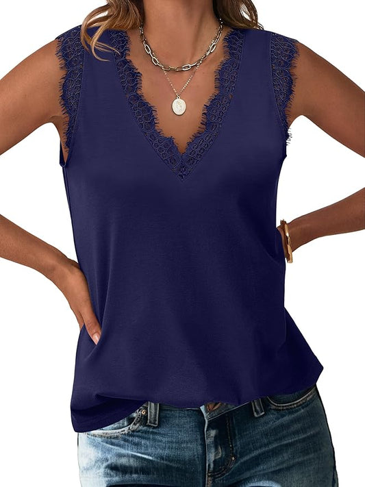 ANRABESS Womens Lace Trim Tank Tops V Neck Sleeveless Shirts 2026 Summer Casual Trendy Dressy Cami Top by ANRABESS