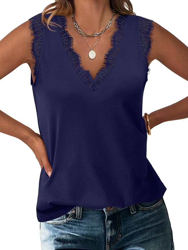 ANRABESS Womens Lace Trim Tank Tops V Neck Sleeveless Shirts 2026 Summer Casual Trendy Dressy Cami Top by ANRABESS