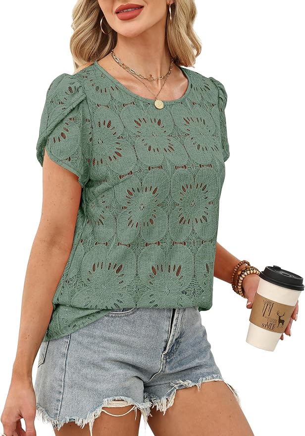 OFEEFAN Blouses for Women Dressy Casual Petal Short Sleeve Shirts Crochet Lace Boho Tops Spring Fashion Summer Outfits - Image 4