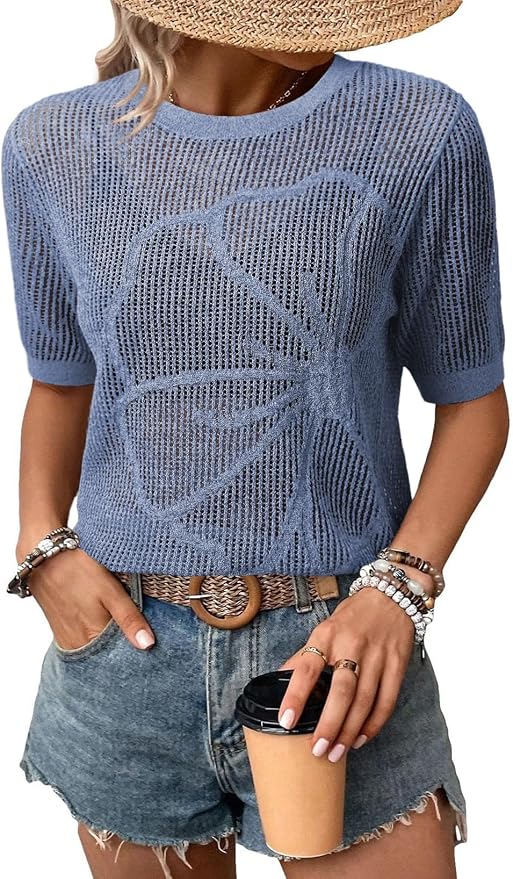 Dokotoo Womens Summer Short Sleeve Crochet Tops Hollow Out Floral Sweaters Beach Vacation Cruise Outfits by Dokotoo