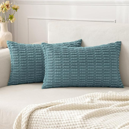 MIULEE Pack of 2 Corduroy Decorative Lumbar Throw Pillow Covers 20x12 Inch Soft Boho Striped Pillow Covers Modern Farmhouse Home Decor for Summer Coastal Sofa Living Room Couch Bed Coastal Blue by MIULEE