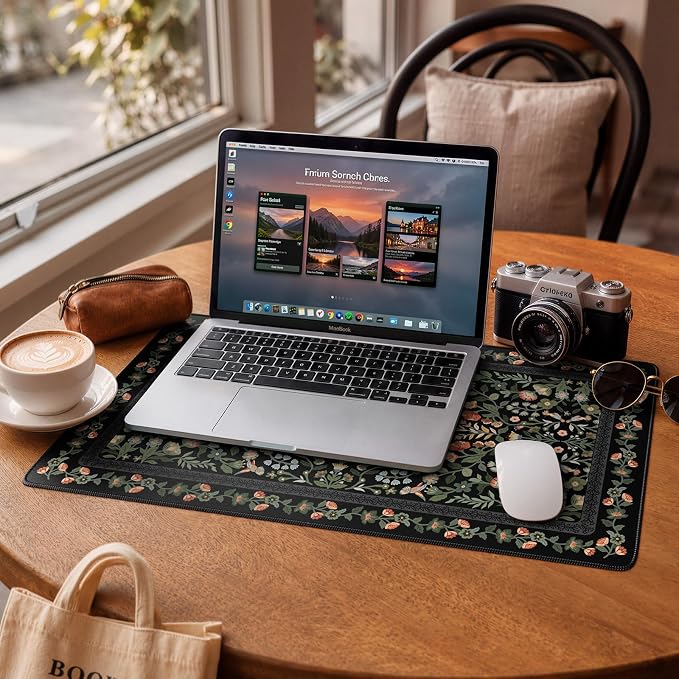 iCasso Aesthetic Mouse Pad,23.6x13.7in Desk Pad, Black Flower | Vintage Desk Matt for Desktop, Anti-Slip Mousepad with Stitched Edges for Laptop Computer Keyboard - Image 7
