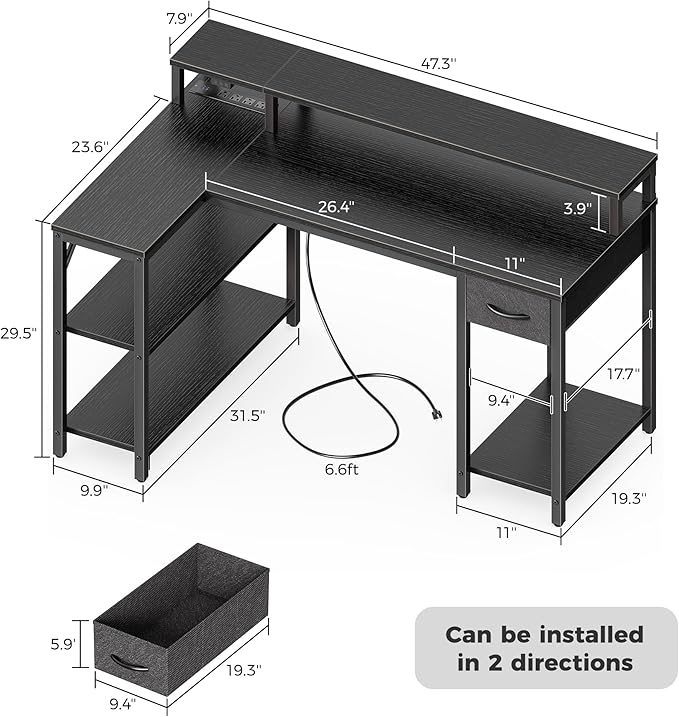SUPERJARE 47 inch L Shaped Gaming Desk with LED Lights & Power Outlets, Reversible Computer Desk with Shelves & Monitor Stand, Corner Desk with Drawer, for Home & Office, Black - Image 3
