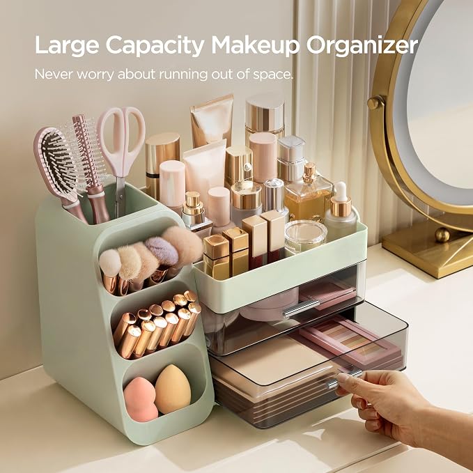 HBlife Makeup Organizer with Brush Holder for Vanity, Large Plastic Bathroom Countertop Organizer Skin Care Storage, Easy to Store Lipsticks, Nail Polishes, Perfumes, Eyeshadow Palettes, Green - Image 4