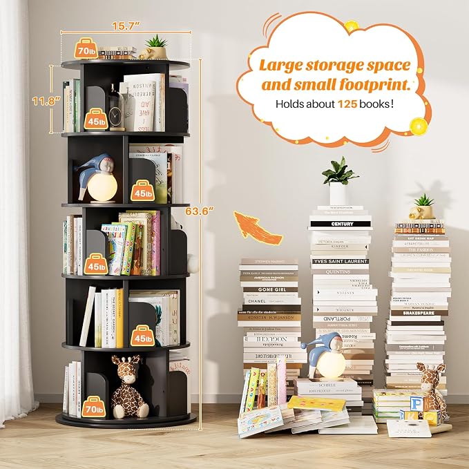 Aheaplus Rotating Bookshelf, 360 Display Wood Spinning Bookshelf Tower, 5 Tier Floor Standing Bookcase Storage Rack, Revolving Bookcase Corner Bookshelf for Small Space, Bedroom, Study Room, Black - Image 3