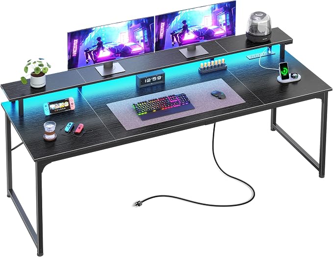 PRAISUN 63 inch Gaming Desk, LED & Power Outlets, Monitor Stand, Black | Sturdy PC Desk for Home Office, Study & Work, LED Lights, 4 AC Outlets & USB-C Charging Station by PRAISUN