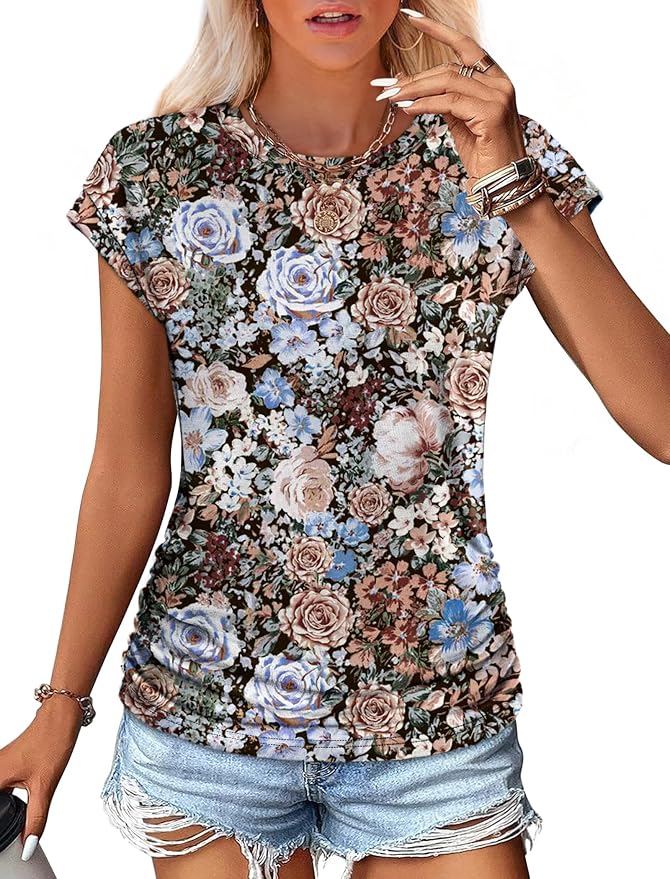 Sampeel Womens Summer Tops Trendy 2026 Ruched Cap Short Sleeve Tshirts Shirts Crew Neck T Shirts Fashion - Image 2
