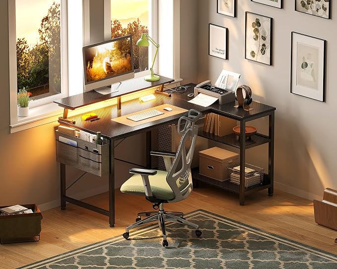 ODK 40 Inch L Shaped Gaming Desk with LED Lights, Power Outlets, Black | Adjustable Monitor Stand, Open Storage Shelves, Hanging Side Bag, PC Tower Stand, Reversible Layout for Gaming - Image 9