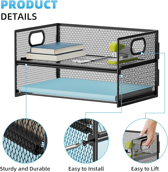 Marbrasse 2 Tier Paper Organizer Letter Tray, Mesh File Organizer with Handle, Paper Sorter Desk Organizer for Home Office Supplies - 2P - Image 2