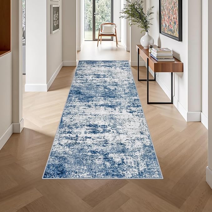 Washable Area Rug 3x8 Entryway Rug: Washable Modern Abstract Soft Thin Rug Indoor Floor No Slip Stain Resistant Carpet for Bedroom Dining Room Farmhouse Nursery Home Office - Blue - Image 4
