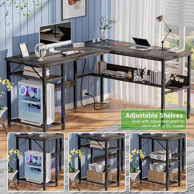 Unikito Reversible L Shaped Desk with Magic Power Outlets and USB Charging Ports, Sturdy Corner Computer Desk with Storage Shelves, Gaming Desk for Home Office, Easy to Assemble, Black Oak - Image 7