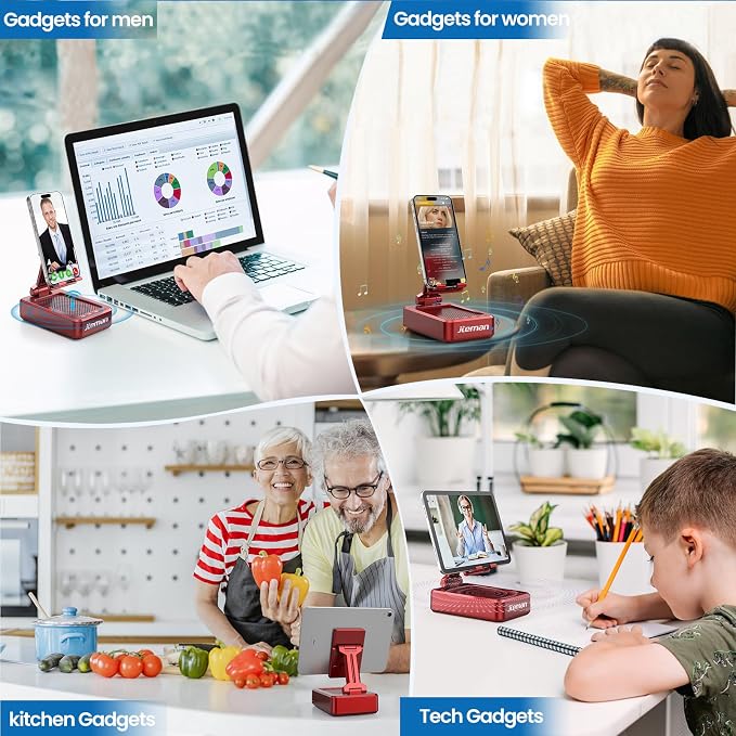 JTEMAN Portable Phone Stand with Speaker Bluetooth Wireless,Gifts for Men Women,Birthday for Women,Kitchen Gadgets for Men,Phone Holder for Desk - Red - Image 3