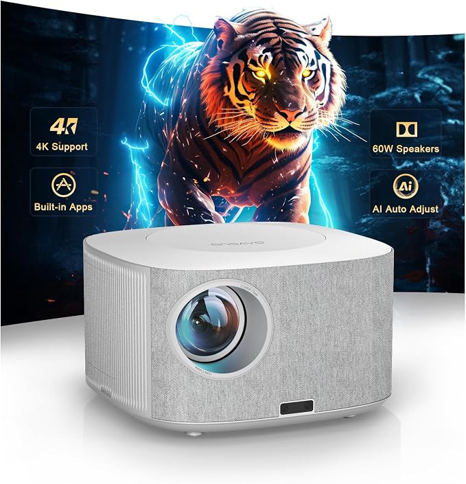Outdoor-Projector-4K with WiFi and Bluetooth:[3500 Bright/60W Dolby Audio/Official Licensed Apps],Smart-Projector with AI Auto Focus, ONOAYO ONO5Pro 2.0 Movie Projector for Indoor/Outdoor 2026(White) by ONOAYO
