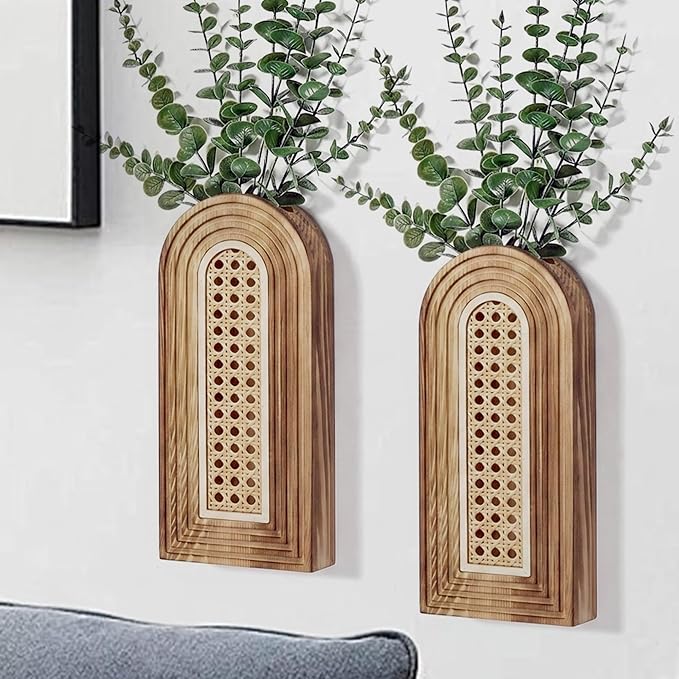 Dnnnii 2 Pack Wooden Wall Vase Set - Brown Finish Hollow Rattan Modern Farmhouse & Boho Wall Decor for Entryway, Hallway, Bathroom, Living Room, Dining Room, Narrow Spaces by Dnnnii