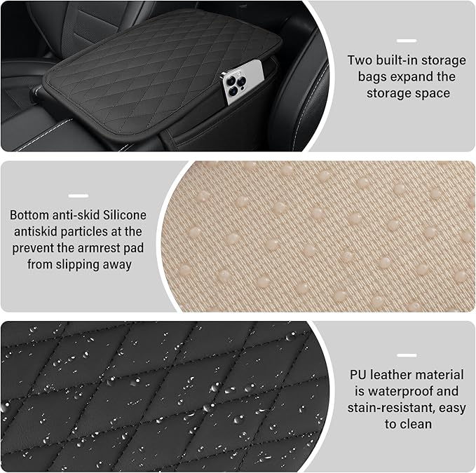 Amiss Car Center Console Cover, Upgraded Leather Car Armrest Cushion with 2 Storage Pockets, Universal Waterproof Cushion Pad, Non-Slip Car Interior Accessories, Fits Most Sedans SUVs Trucks (Black) - Image 3
