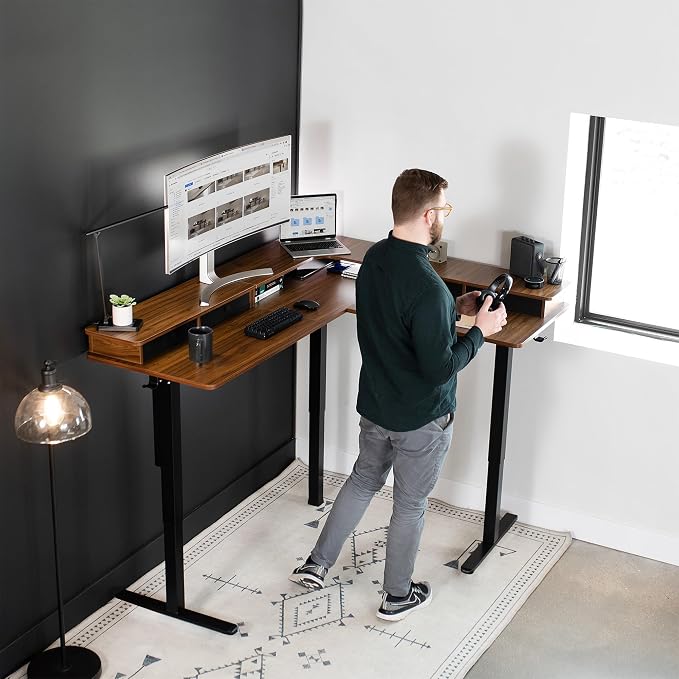 VIVO Dark Walnut 63 x 55 in Corner Standing Desk, DESK-E3CVD | Electric, 2-Tier, L-Shaped, Sit Stand, Height Adjustable, Memory, Dark Walnut Top, Black Frame, Black Drawers - Image 2