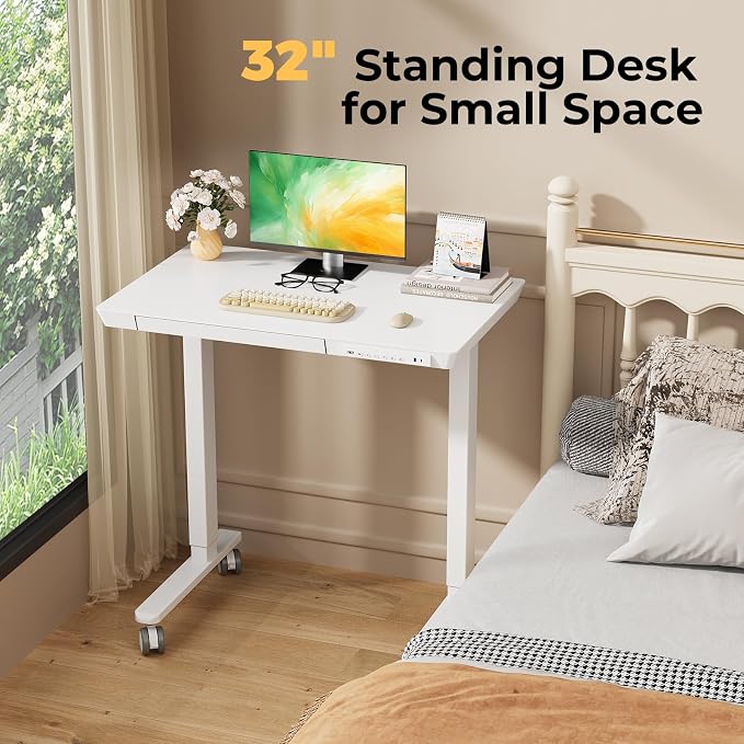 32" Electric Standing Desk with Drawer, Rolling Laptop Desk | Height Adjustable Quick Install One-Piece Tabletop with USB Charging Ports, Sit Stand Computer Desk for Small Space, White - Image 3