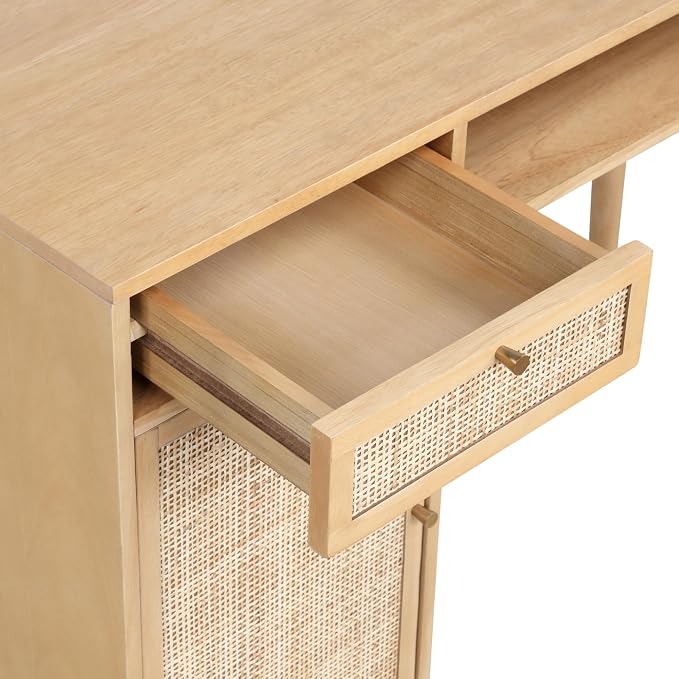 Nathan James Aaron Modern Desk with Storage, Natural Rattan Table with Square Webbing and Gold Accent Knobs, Natural Brown - Image 5