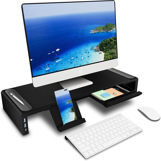 OImaster Adjustable Monitor Stand Riser with Drawer - Foldable Computer Stand for Desk, Desktop Organizer with Phone Holder & Pen Slot, Space Saving Laptop Riser for Home Office, Black - Image 2