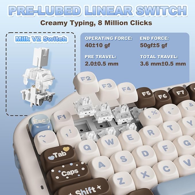 YUNZII C75 Cute 75% Wireless Mechanical Keyboard (Choco, Milk V2 Switch) | Creamy Cake Keyboard, BT5.0/2.4G/USB-C, Hot-Swap, NKRO, PBT MOA Keycaps,5500mAh RGB Gasket Mount for Mac/Win/Gaming/Office - Image 6