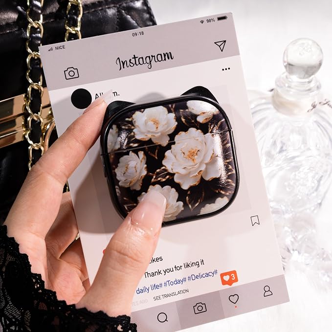 for AirPods 4 Case with Cleaning Kit, Cute Cat Ear Print Design & Cute Buckle, Inverted Phone Holder Design, Top Safe Lock Buckle Design, for Girls AirPods 4 case 2024, Black Peony - Image 4