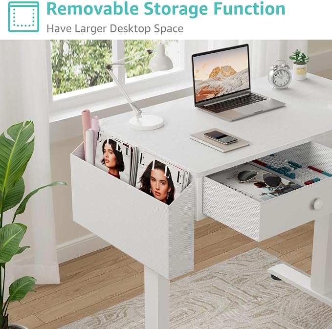 KLUVIS Electric Standing Desk with Drawers, 32 Inch White Small Height Adjustable Sit Stand Desk with Storage for Small Space Home Office Bedroom, Study Writing Stand up Computer Desks for Girls Work - Image 4