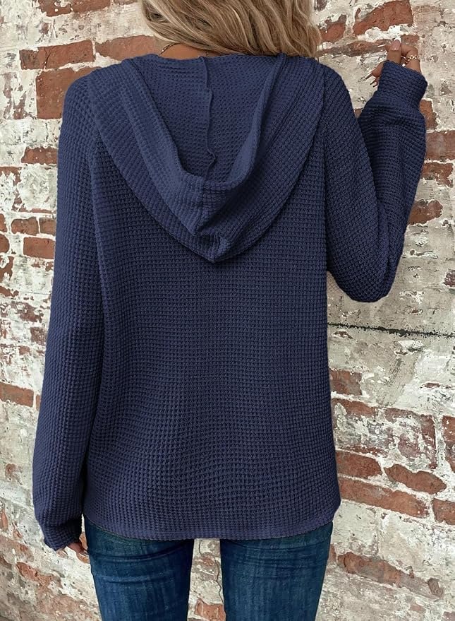 Dokotoo Hoodies for Women Waffle Knit Long Sleeve Drawstring Button V Neck Casual Sweatshirt Hooded Tops Fashion Clothing - Image 2